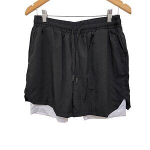 Mens 2-In-1 Black Athletic Shorts White Liner Elastic Waistband & Drawstring Zip